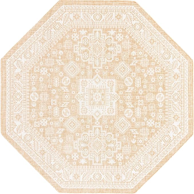 Rugs.com Outdoor Aztec Collection Rug – 8 Ft Octagon Natural Flatweave Rug Perfect for Living Rooms, Kitchens, Entryways