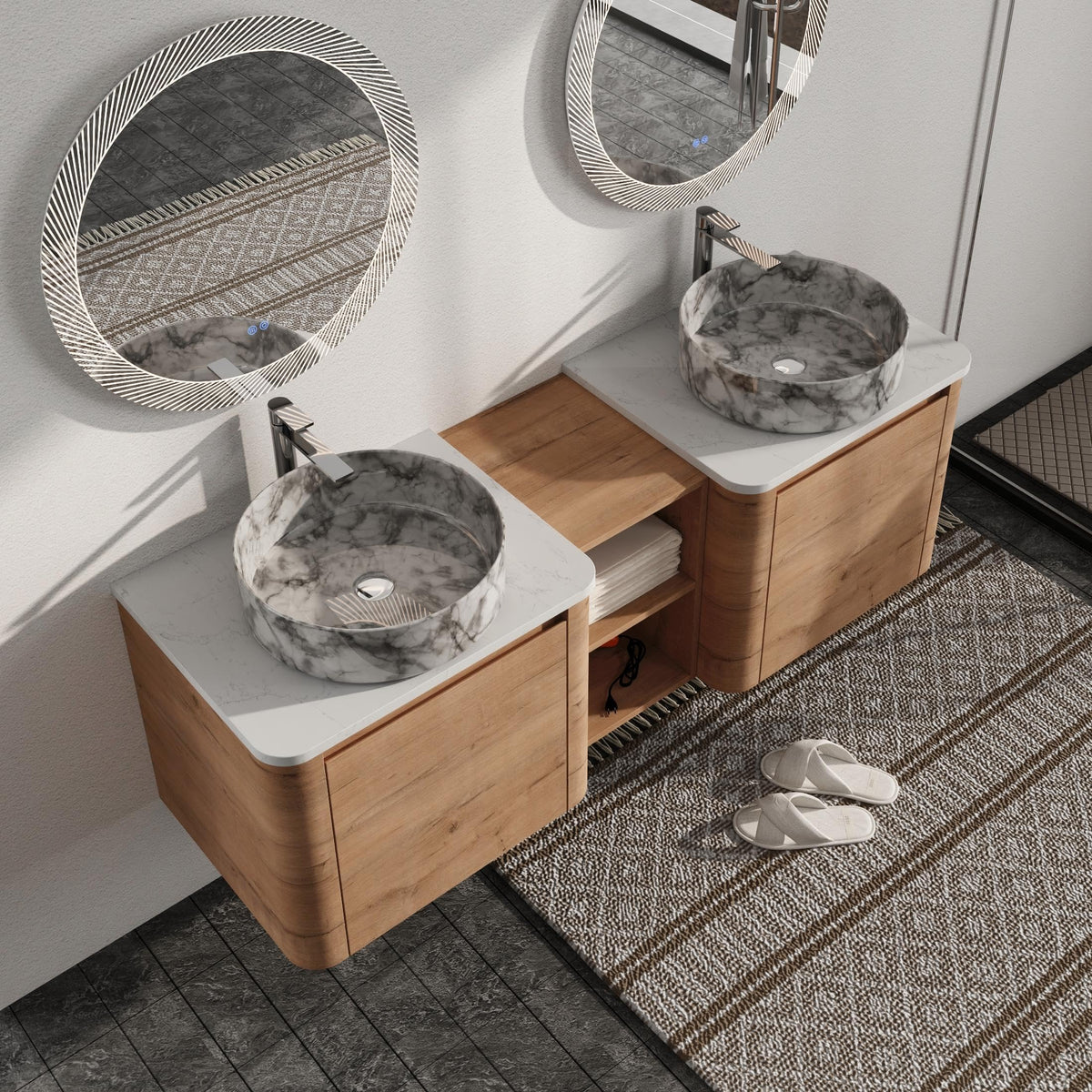 60" Floating Bathroom Vanity with Double Sink, White Gray Ceramic Basin