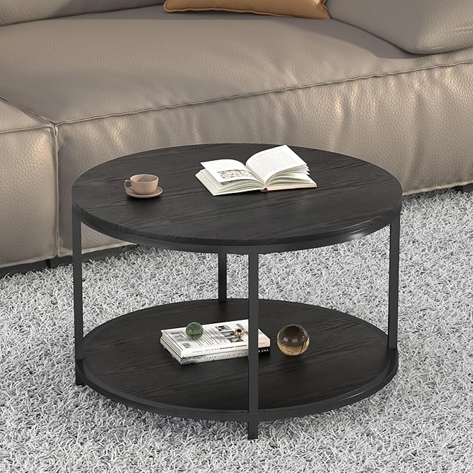 NSdirect Round Coffee Table, 25.6" Small Coffee Table for Living Room,2-Tier Rustic Wood Desktop with Storage Shelf Modern Design Home Furniture(Brown)
