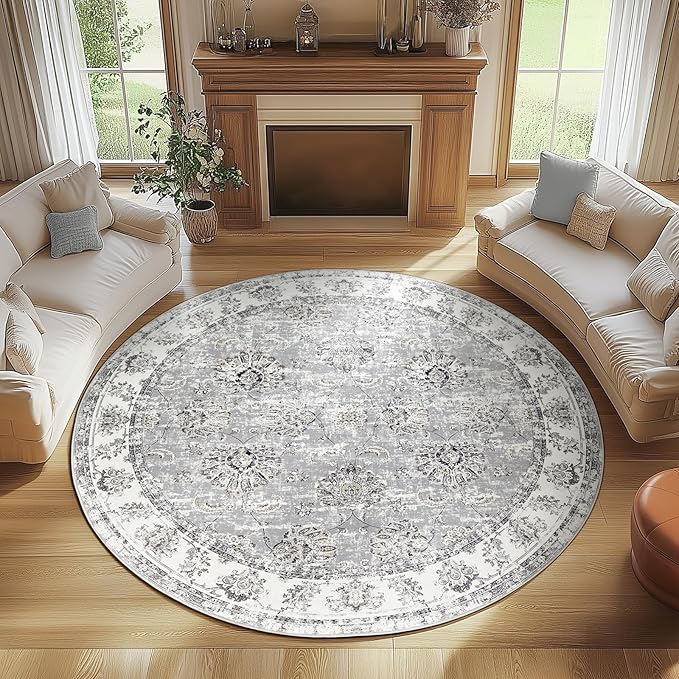 jinchan Fiora Round Rug 8ft Area Rugs - Vintage Floral Distressed Design Machine Washable Non-Slip Low-Pile Ultra-Thin Circle Rug for Living Room Dining Room Bedroom Farmhouse (8' Round, Grey)