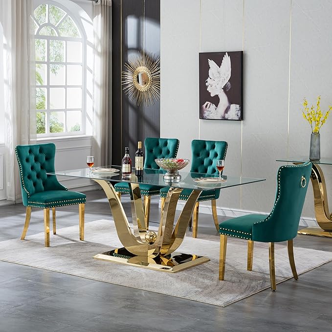 5-Piece Glass Dining Table Set w/4 Green Upholstered Dining Chairs, 70in Rectangular Large Kitchen Table Set for 4, Glass and Gold Dining Table and Chair Set for 4