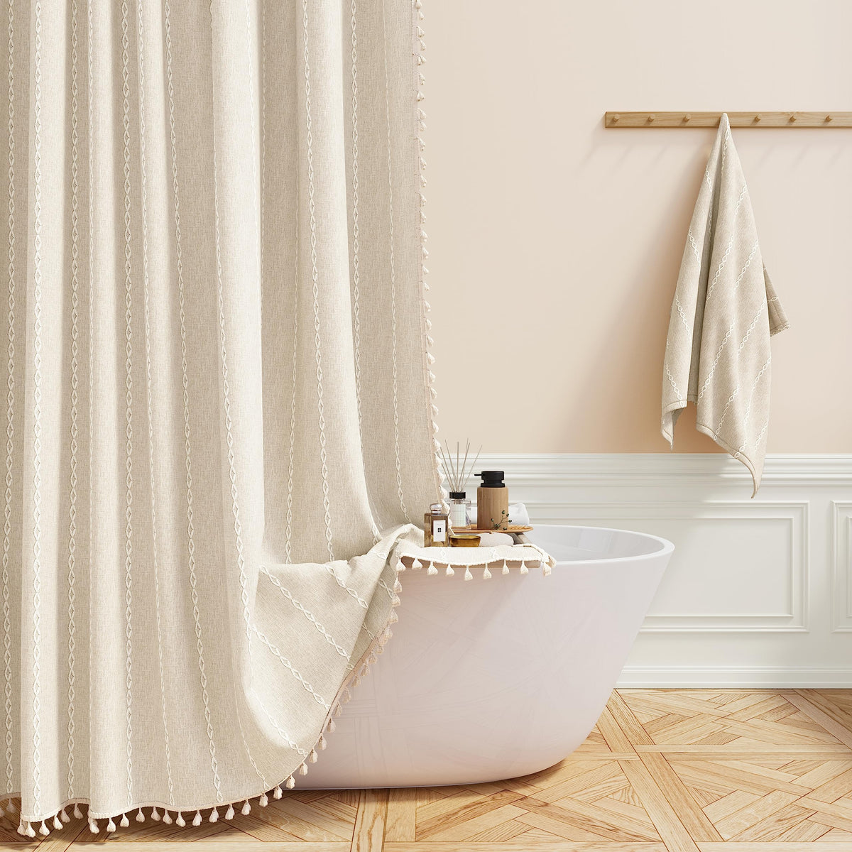 BTTN 54x78 Boho Farmhouse Linen Heavy Duty Shower Curtain Set, Cream/Beige