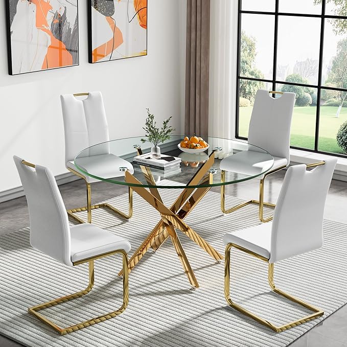 HomVent Round Glass Dining Table Set for 4, 5-Piece Modern Kitchen Table Set with 4 PU Upholstered Chair for Kitchen Dining Room, Glass Dining Room Table Set
