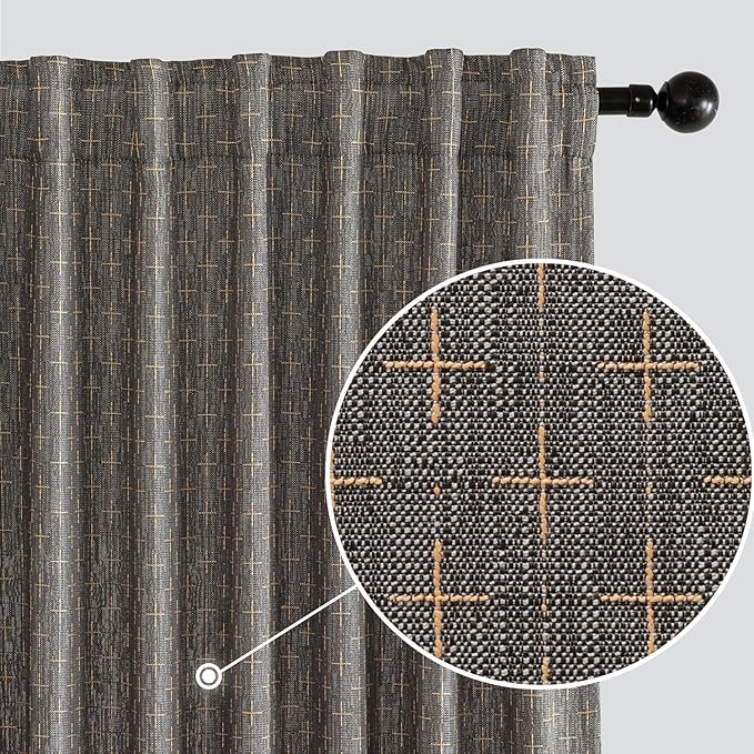 MIULEE Decorative Back Tab Linen Curtains with Geometric Pattern for Living Room Bedroom Farmhouse Rustic Thick Woven Textured Patterned Mudcloth Drapes 84 Inches Long 2 Panels Set, Dark Grey