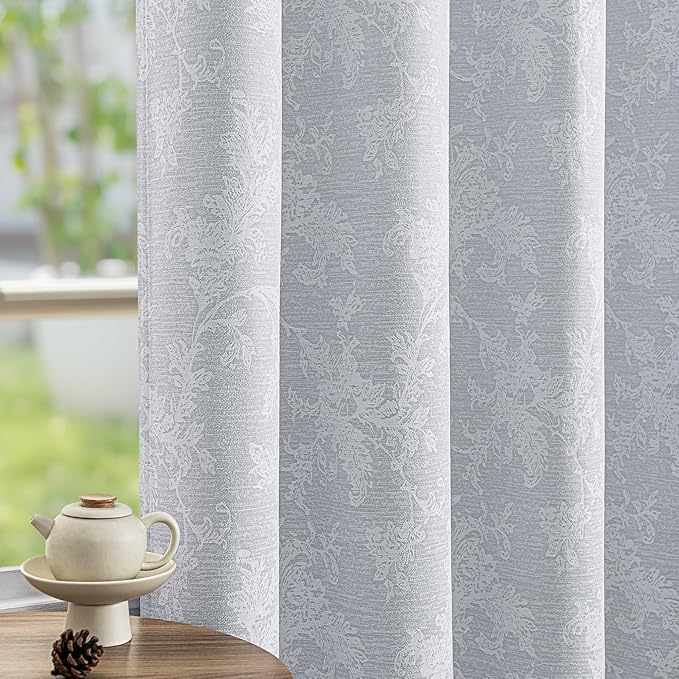 FMFUNCTEX Grey Floral Jacquard Blackout Curtains 63 Inch Length for Bedroom, Scroll Flower Chenille Farmhouse Curtains for Living Room Darkening Thermal Insulated Grommet Window Drapes 2 Panels