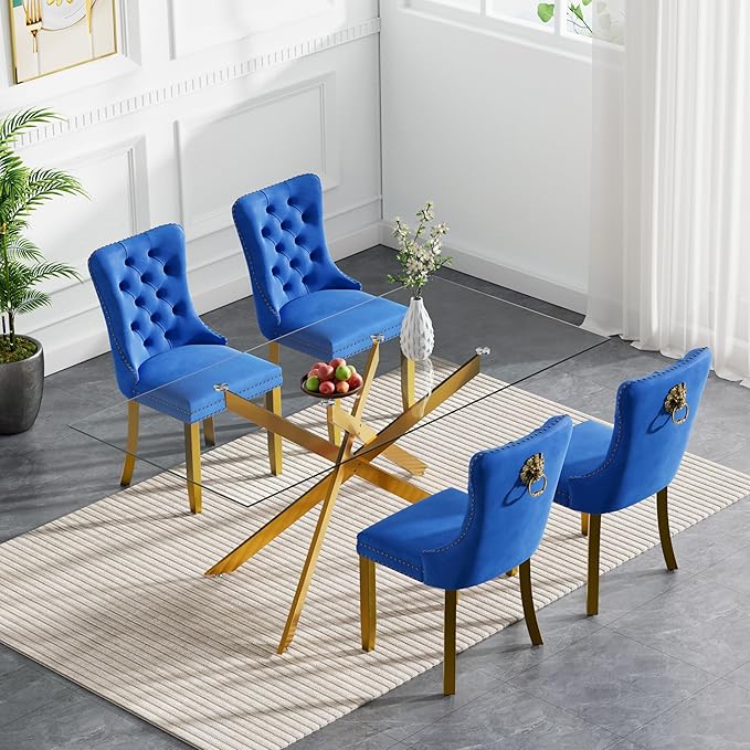 HomVent 5 Piece Rectangular Glass Dining Table Set, Tempered Glass Dinner Table Set for 4 Kitchen Table Set with 4 Velvet Upholstered Chairs for Kitchen Dining Room
