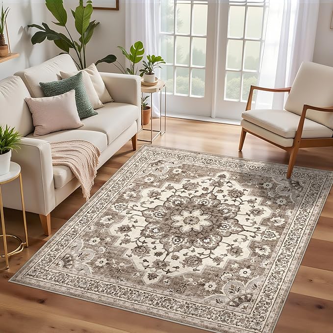 4x4 Washable Entry Rug - Area Rugs for Kitchen Bedroom Bedside Bathroom Entryway Non Slip with Rubber Backing Low Pile Ultra Soft Stain Resistant Small Carpet (Beige, 4x4)