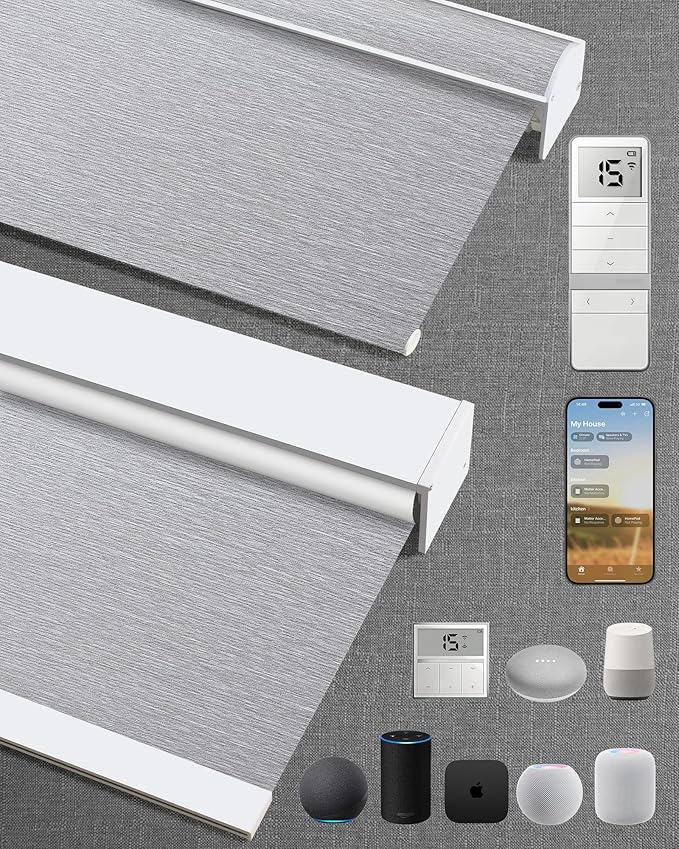 Kincmo Motorized Blinds with Remote,100% Blackout Motorized Roller Shades Work with Apple Homekit,Alexa,Google, Custom Electric Blinds with App,Voice Control (Atlantic Grey)