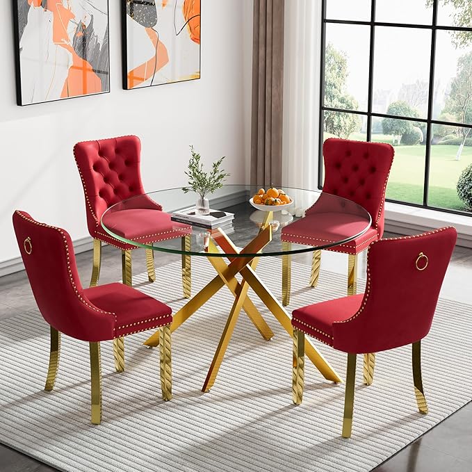 Round Glass Dining Table Set for 4, 47'' Clear Circular Kitchen Table and Chairs Set, 5PCS Modern Circle Dining Room Table Set with 4 Velvet Dining Chair for Home