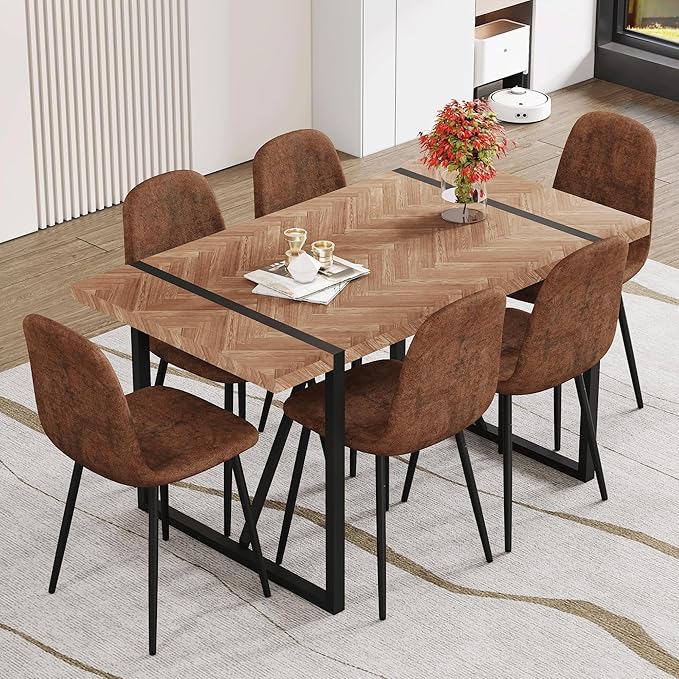 FURNITO 7 Piece Dining Table Set for 6, 55" Wooden Kitchen Table with Upholstered Chairs, Mid Century Modern Rectangular Dining Room Set, Rustic Table and Chairs Set for Kitchen or Living Room