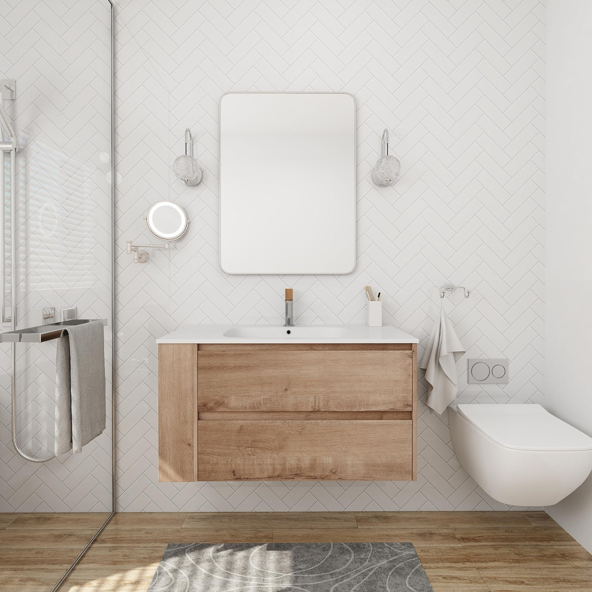 Mcltopz 36'' Floating Bathroom Vanity with White Gel Sink, Modern Imitative Oak Wall Mounted Bathroom Vanity Combo with Adjust Open Shelf and 2 Storage Drawers, Hanging Bathroom Vanity Cabinet Set