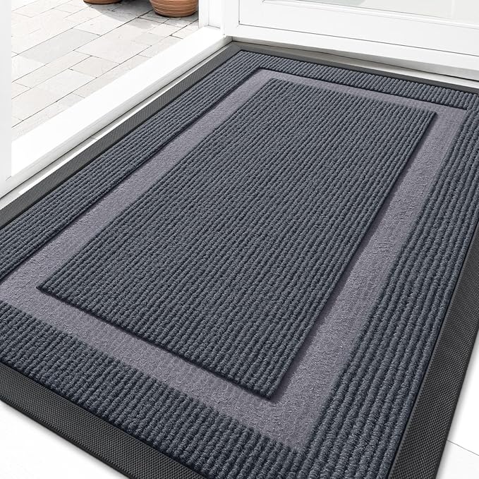 OLANLY Front Door Mat Indoor Outdoor Entrance, Waterproof All-Season, All-Weather Doormat, Sturdy Natural Rubber, Fade Resistant, Low Profile, Easy Clean Patio Porch Entryway Mat, 35x23, Light Grey