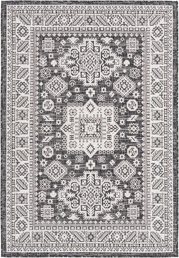 Rugs.com Outdoor Aztec Collection Rug – 4' x 6' Charcoal Gray Flatweave Rug Perfect for Living Rooms, Large Dining Rooms, Open Floorplans