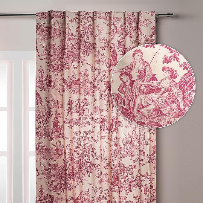 Maison d' Hermine Curtains for Living Room 100% Cotton 96 inch Length One Panel Light Filtering Toile Curtains for Bedroom Windows with Rod and Loop Pockets Drapes (The Miller Red, 50" W x 96" L)