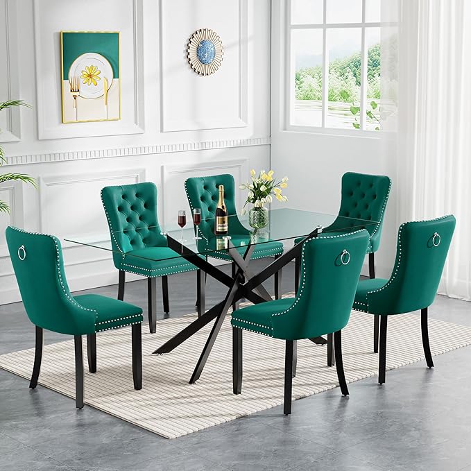 HomVent 7 Piece Rectangular Glass Dining Table Set, Tempered Glass Dinner Table Set for 6 Kitchen Table Set with 6 Velvet Upholstered Chairs for Kitchen Dining Room