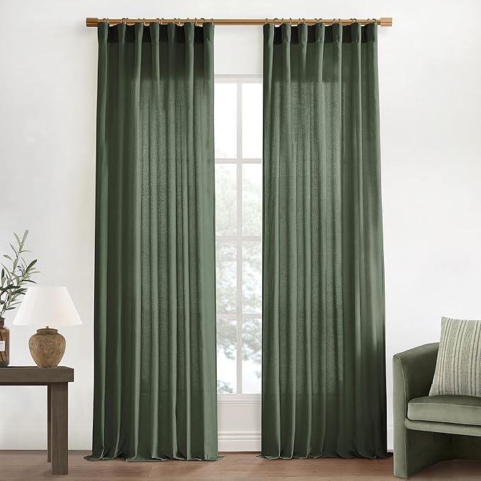 XTMYI 96 Inches Long Curtains Drapes for Sliding Glass Patio Door,Textured Cotton Boho Linen Sheer Window Curtain Panels,Set of 2,Moss Olive Green