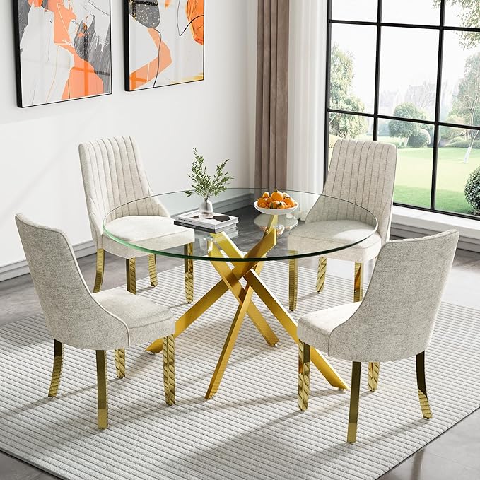 Round Glass Dining Table Set for 4, 47'' Clear Circular Kitchen Table and Chairs Set, 5PCS Modern Circle Dining Room Table Set with 4 Dining Chair for Home