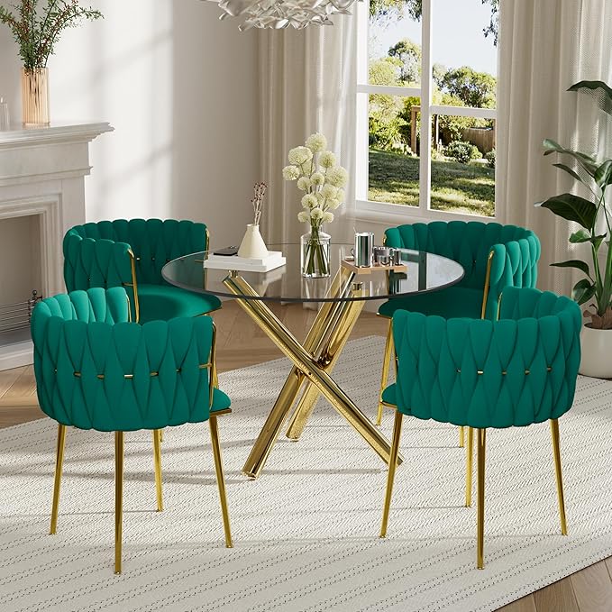 Modern Golden Round Dining Table Set, 36'' Clear Circle Glass Top Dinner Room Set, 5 PCS Luxury Circular Kitchen Table and Green Woven Chairs Set of 4, for Small Apartment Bedroom Leisure