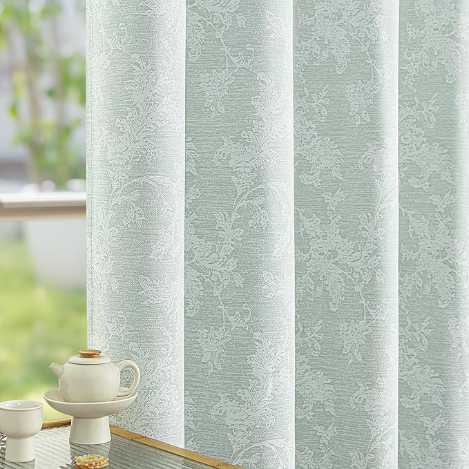 FMFUNCTEX Sage Green Floral Jacquard Blackout Curtains 84 Inches Long for Bedroom, Scroll Flower Chenille Farmhouse Curtain for Living Room Darkening Thermal Insulated Grommet Window Drapes 2 Panels