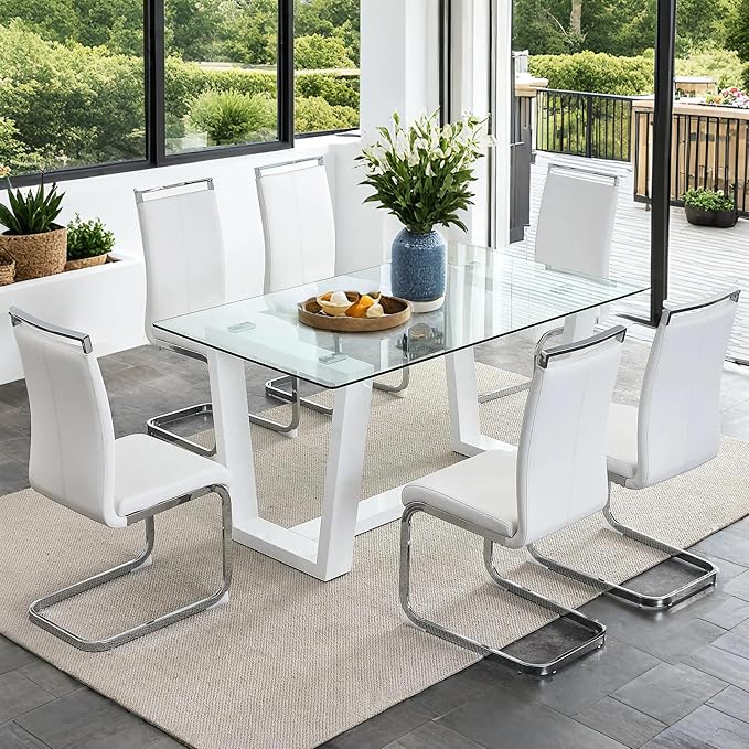 Ebullient Glass Dining Table Set for 6, Modern Dining Table Set for 6, Tempered Glass Tabletop with White MDF Trapezoid Legs, Rectangle Kitchen Table with 6 Faux Leather Chairs for Home, Apartment