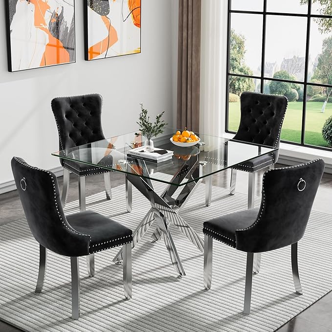 Glass Dining Table Set for 4, Square 36" Dining Table with Silver Cross Metal Leg, 4 Black Velvet Dining Chairs with Stainless Steel Legs, Modern Glass Kitchen Table and Chairs Set for Small Space