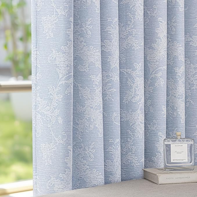 FMFUNCTEX Blue Floral Jacquard Blackout Curtains 108 Inches Long for Bedroom, Scroll Flower Chenille Farmhouse Curtains for Living Room Darkening Thermal Insulated Grommet Window Drapes 2 Panels