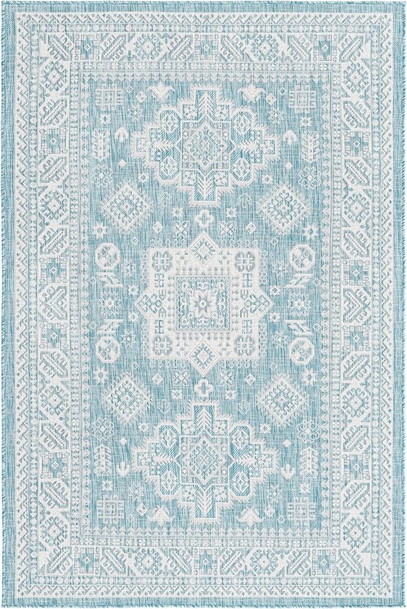 Rugs.com Outdoor Aztec Collection Rug – 5' x 8' Aqua Flatweave Rug Perfect for Living Rooms, Large Dining Rooms, Open Floorplans