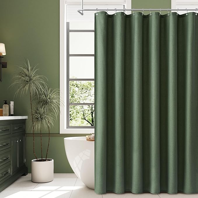Naturoom Olive Green Shower Curtain 96 inches Long, Linen Rustic Weighted Fabric Shower Curtain Set with Hooks, Bohemian Country Thick Bath Curtains for Bathroom,72x96