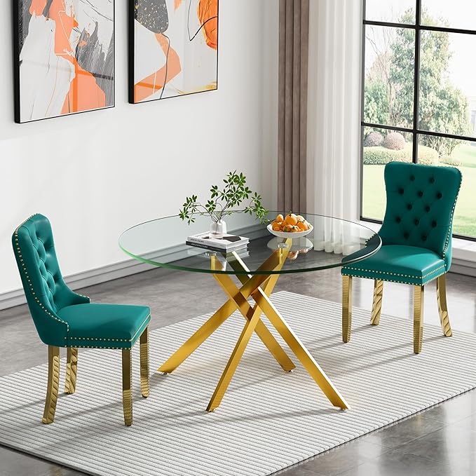 Round Glass Dining Table Set for 2, 47'' Clear Circular Kitchen Table and Chairs Set, 3PCS Modern Circle Dining Room Table Set with 2 Velvet Dining Chair for Home