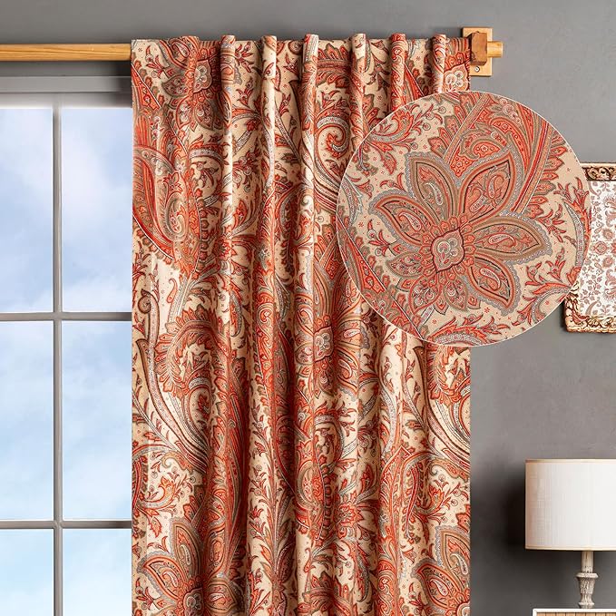 Maison d' Hermine Curtains for Living Room 100% Cotton 124 inch Length One Panel Light Filtering Curtains for Bedroom Windows with Rod and Loop Pockets Drapes (Kashmir Paisley Tomato, 50" W x 124" L)