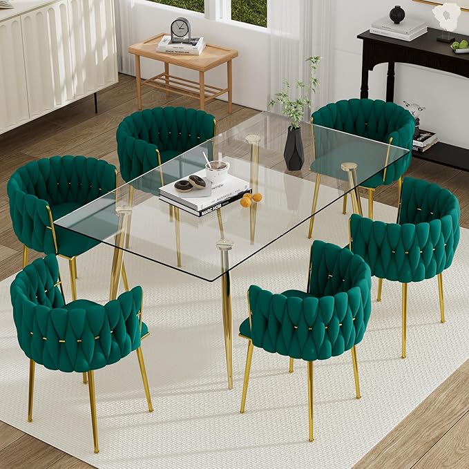 7 Piece Golden Glass Dining Table Set, 63'' Modern Luxury Rectangle Kitchen Table Set, Large Minimalist Dinner Table Set for 6, Green Woven Chair, for Living Room Apartment Leisure Office