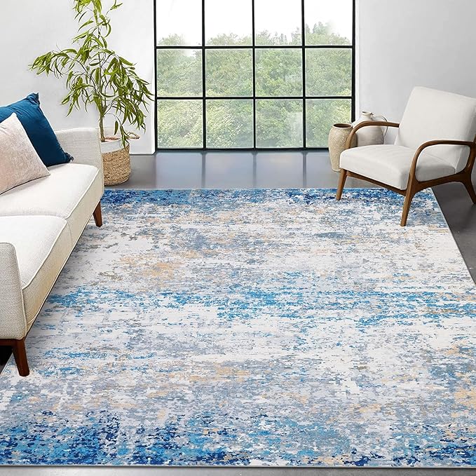 4x6 Modern Abstract Rugs for Living Room Stain Resistant Carpet Ultra Soft Indoor Floor Cover Accent Rug Low Pile Thin Rug for Bedroom Dining Room, Blue/Grey
