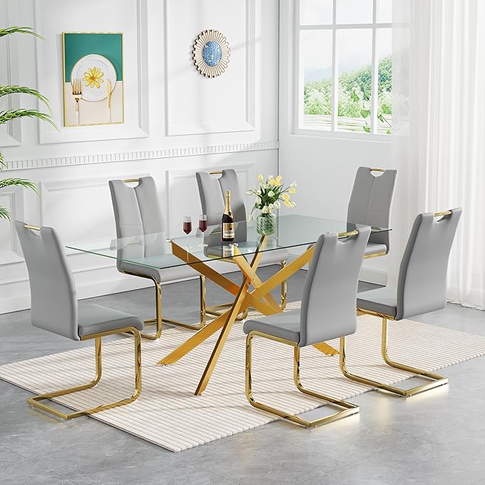 HomVent 7 Piece Rectangular Glass Dining Table Set, Rectangular Glass Kitchen Table Set for 6 with 6 PU Upholstered Dining Chairs for Kitchen Dining Room