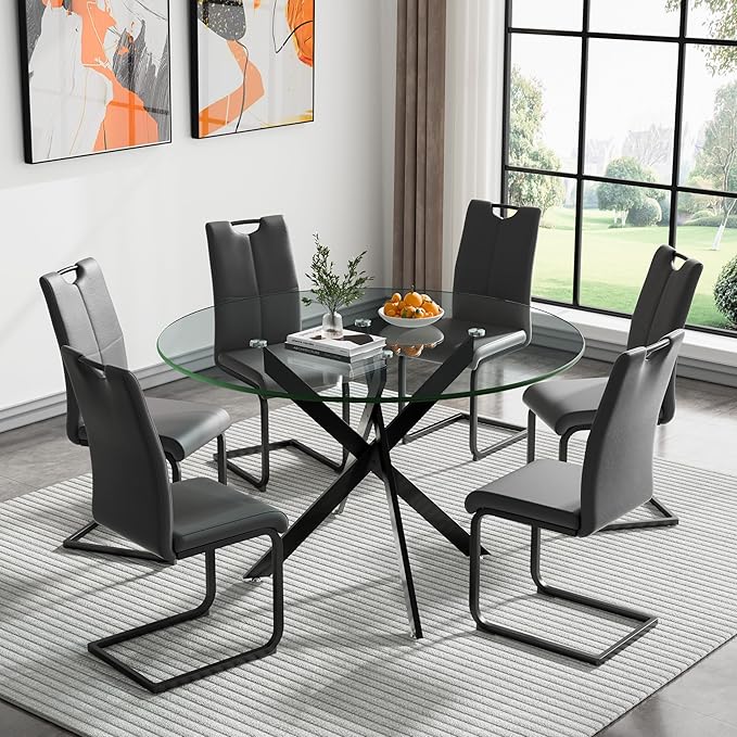 HomVent 7 Piece Round Glass Dining Table Set, Round Glass Kitchen Table Set for 6 with 6 PU Upholstered Dining Chairs for Kitchen Dining Room
