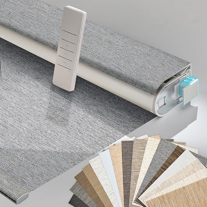 Persilux Smart Motorized Blinds with Remote, No Drill Automatic Roller Shades for Indoor Windows, Blackout Linen Fabric, Electric Blinds for Windows, Linen Grey C156BO-5, Custom Size