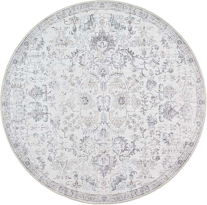 jinchan Kalen Round Rug 7ft Area Rug Washable Vintage Indoor Retro Floor Cover Distressed Gray Floral 7' Round Circle Boho Non Slip Thin Carpet for Living Room Dining Room Bedroom Kitchen Grey