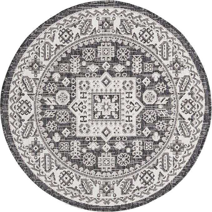 Rugs.com Outdoor Aztec Collection Rug – 3 Ft Round Charcoal Gray Flatweave Rug Perfect for Kitchens, Dining Rooms