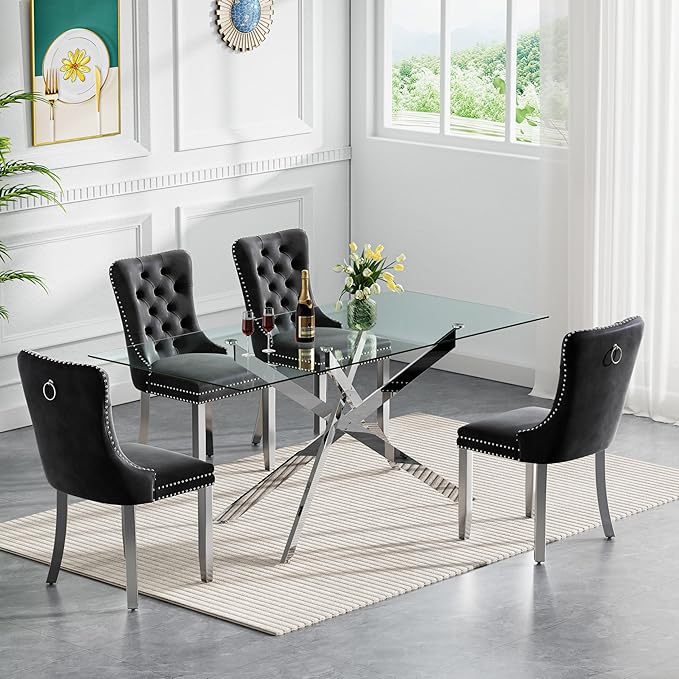 Rectangle Glass Dining Table Set for 4, 60'' Kitchen Table and Chairs Set, 5PCS Modern Dining Room Table Set with 4 Velvet Dining Chair for Home