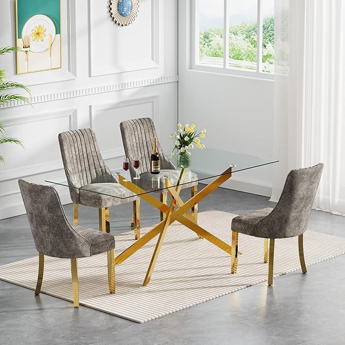 Rectangle Glass Dining Table Set for 4, 60'' Kitchen Table and Chairs Set, 5PCS Modern Dining Room Table Set with 4 Dining Chair for Home