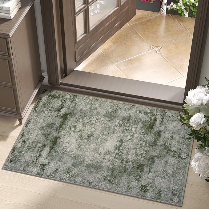 jinchan Green Floral 2x3 Rugs for Entryway - Vintage Washable Area Rug Ultra-Thin Low-Pile Soft Christmas Small Non-Slip Distressed Doormat for Entrance Kitchen Bedroom Bathroom (2x3ft, Forest Green)