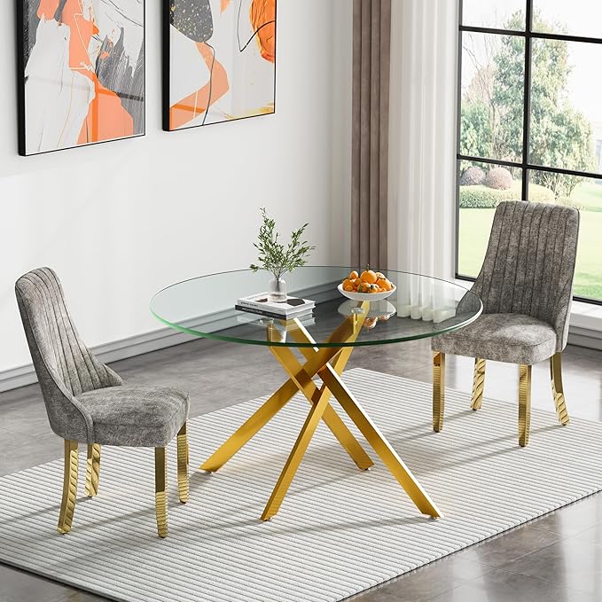 Round Glass Dining Table Set for 2, 47'' Clear Circular Kitchen Table and Chairs Set, 3PCS Modern Circle Dining Room Table Set with 2 Dining Chair for Home