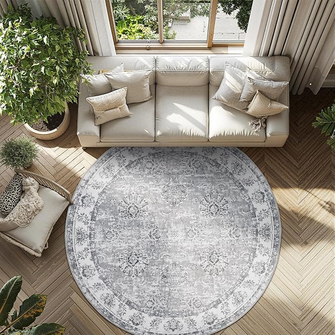 jinchan Fiora Round Rug 7ft Area Rug - Grey Vintage Floor Mat Indoor Ultra-Thin Soft Floral Print - Washable Circle 7' Retro Accent for Farmhouse Non Slip Dining Room Living Room Bedroom Office