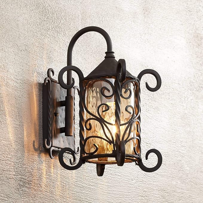 John Timberland Casa Seville Rustic Outdoor Wall Light Fixture Dark Walnut Scroll 13 1/4" Champagne Hammered Glass for Exterior House Porch Patio Outside Deck Garage Yard Front Door Garden Home