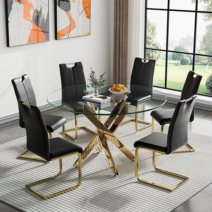 HomVent Round Glass Dining Table Set for 6, 7-Piece Modern Kitchen Table Set with 6 PU Upholstered Chair for Kitchen Dining Room, Glass Dining Room Table Set