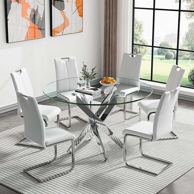 HomVent Round Glass Dining Table Set for 6, 7-Piece Modern Kitchen Table Set with 6 PU Upholstered Chair for Kitchen Dining Room, Glass Dining Room Table Set