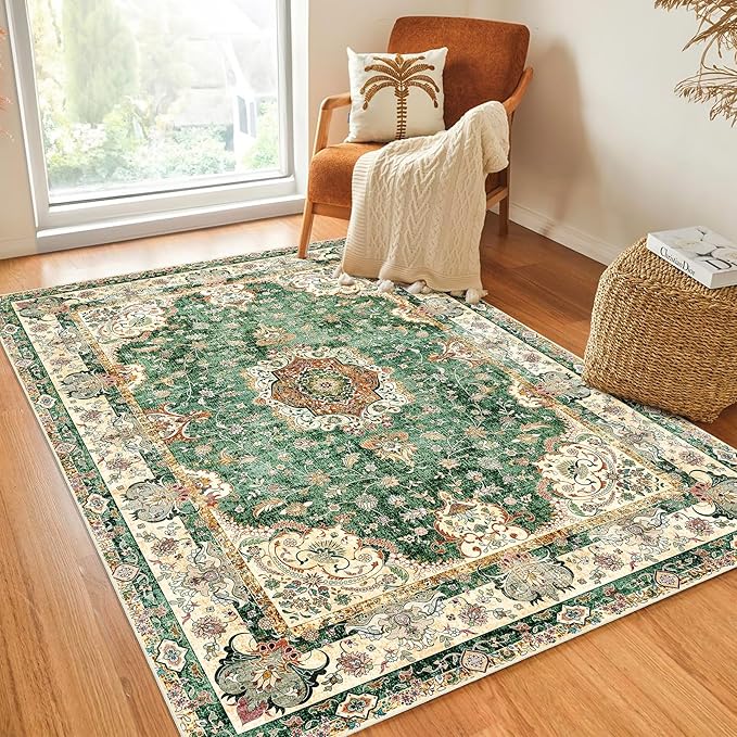 Green Rug 4'x6.5',Washable Area Rugs for Bedroom Living Room Kitchen Entryway Bedside,Small Boho Vintage Bohemian Distressed Oriental Non Slip Carpet,Retro Sage Floral
