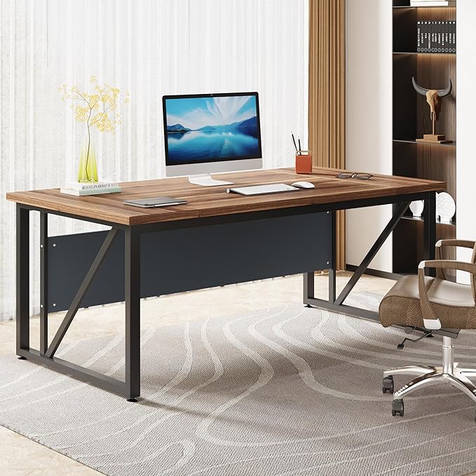 Tribesigns 63 inches Computer Desk, Modern Home Office Desk Writing Table for Workstation, Dark Walnut + Steel Leg, Cabinet not Included (Walnut, 63-inch)
