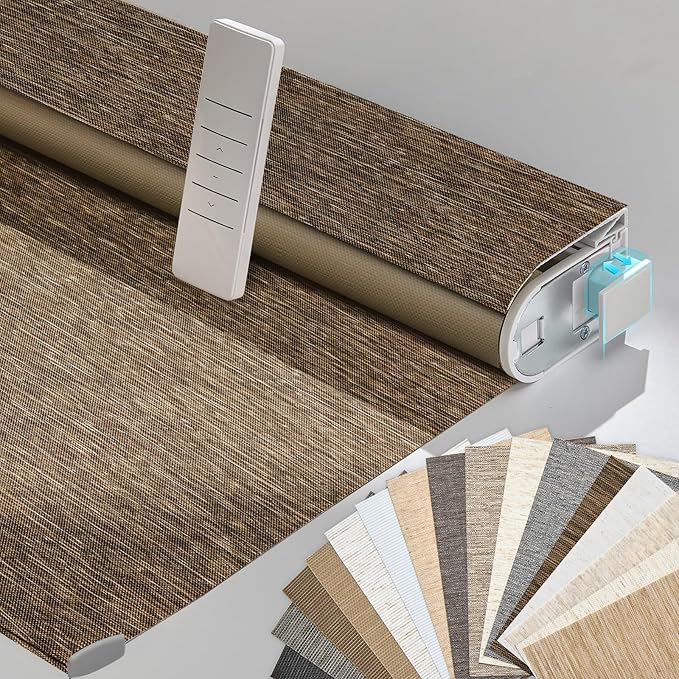 Persilux Smart Motorized Blinds with Remote, No Drill Automatic Roller Shades for Indoor Windows, Blackout Linen Fabric, Electric Blinds for Windows, Nature Brown C153BO-11, Custom Size