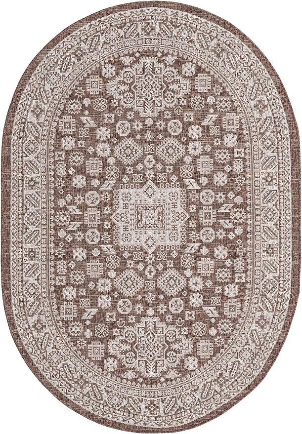 Rugs.com Outdoor Aztec Collection Rug – 5' x 8' Oval Brown Flatweave Rug Perfect for Living Rooms, Large Dining Rooms, Open Floorplans