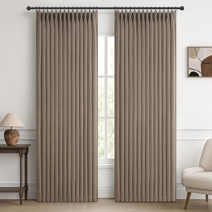 Pinch Pleated Double Layer Linen Blackout Dining Room Curtains 78 Inches Long, Memory Trained Dark Flax Noise Cancelling Insulated Rustic Cottagecore Windows Drapes 2 Panels Set 6-1/2 FT Length